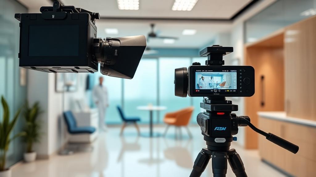 Professional video recording setup in a modern medical clinic with camera on tripod 